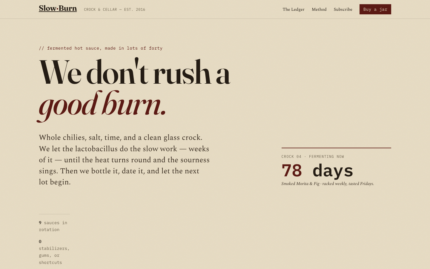 Slow-Burn craft hot sauce editorial landing page