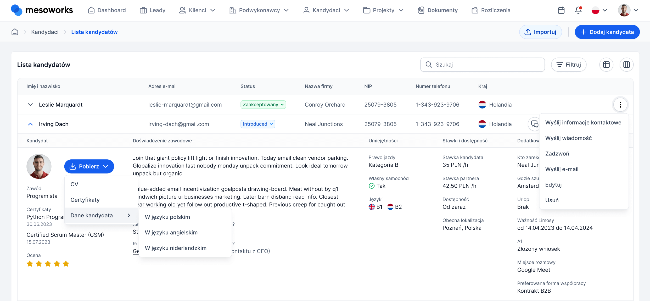 Team CRM dashboard